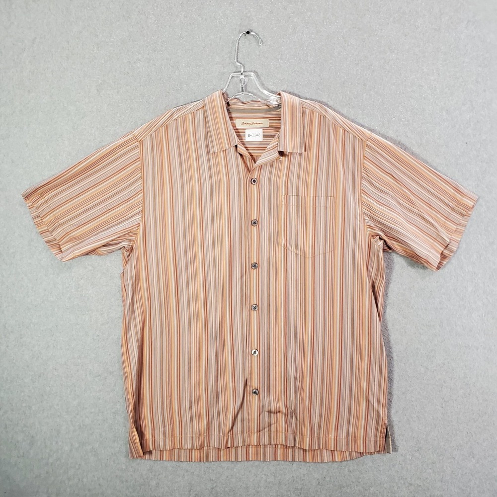 Tommy Bahama Men Button Up Shirt Large Orange Striped 100% Silk Collar Pocket
